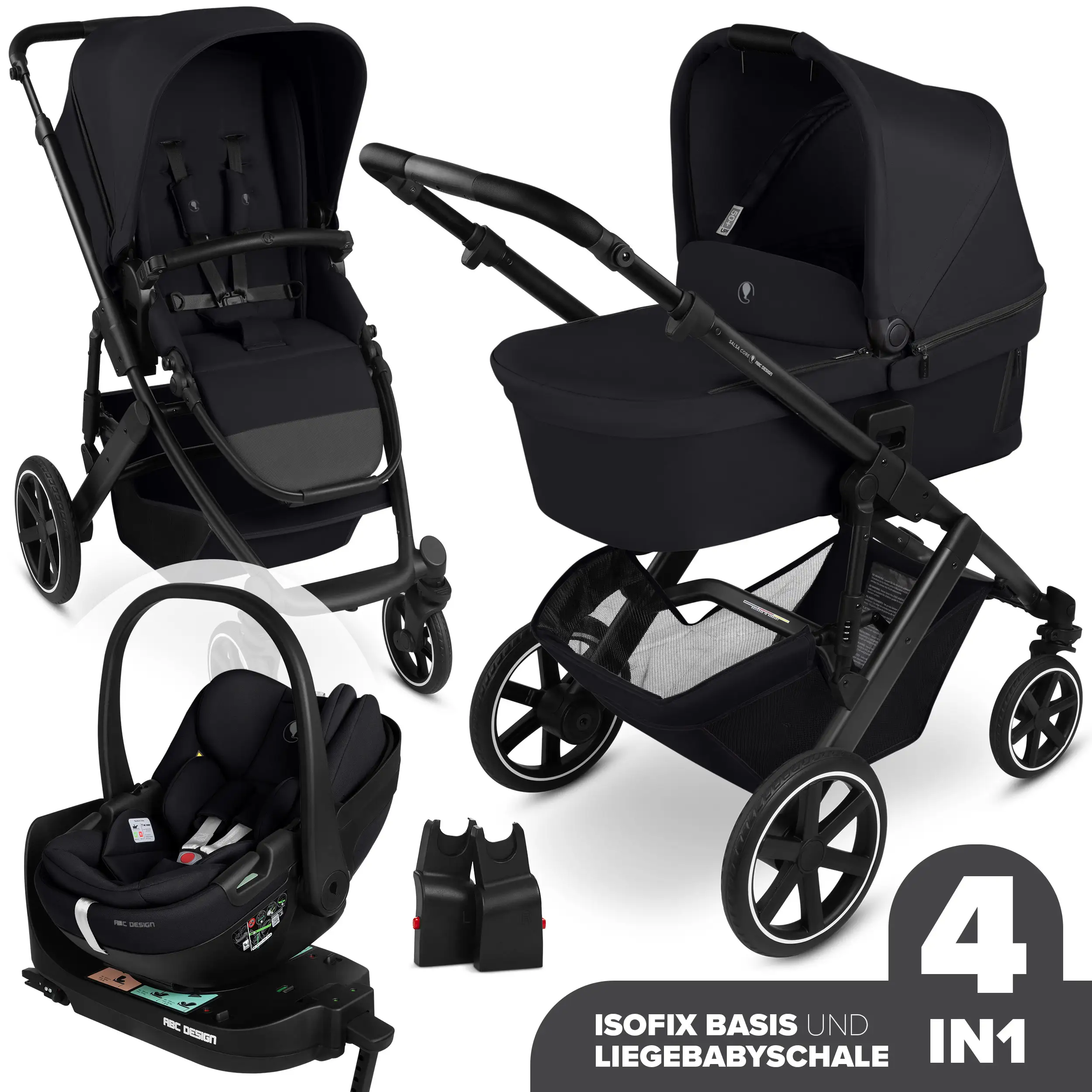 Ensemble poussette 4en1 Salsa Core avec coque auto inclinable Calla et base ISOFIX Root - Ink