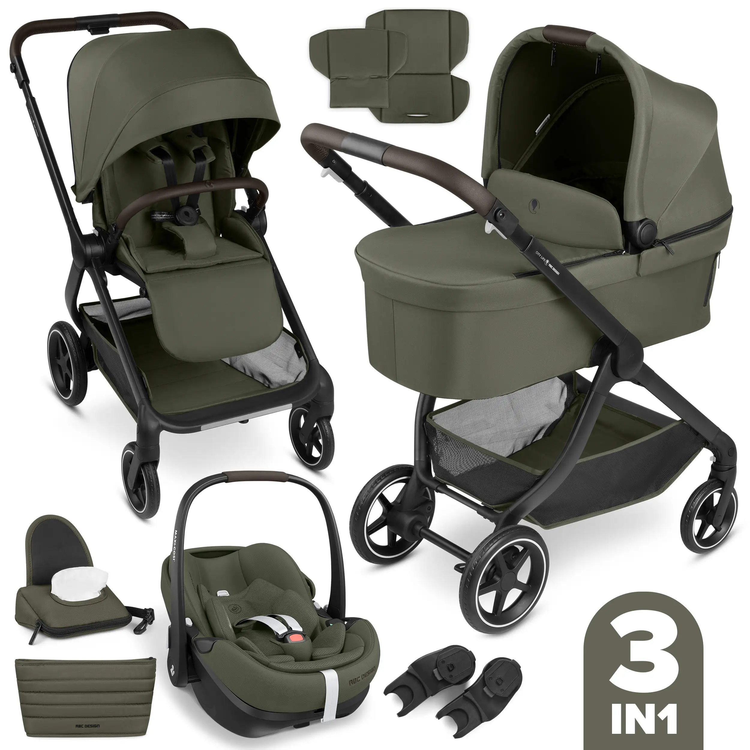 3in1 Kinderwagen-Set City Life inkl. Babyschale Maxi Cosi Pebble 360 Pro 2 - Avocado