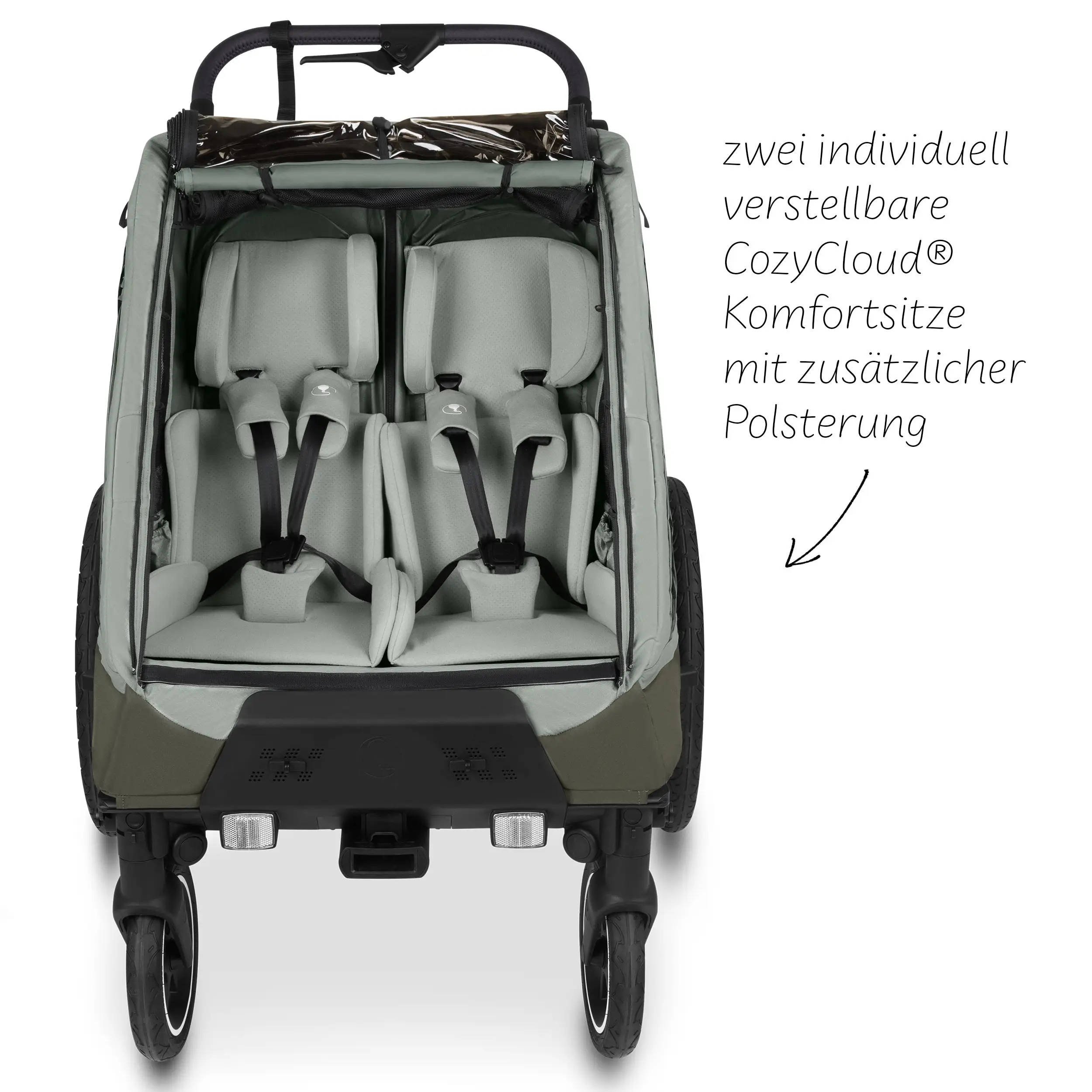 Fahrradanhänger Tour 2 mit 2 Komfortsitzen & Lufträdern - Olive