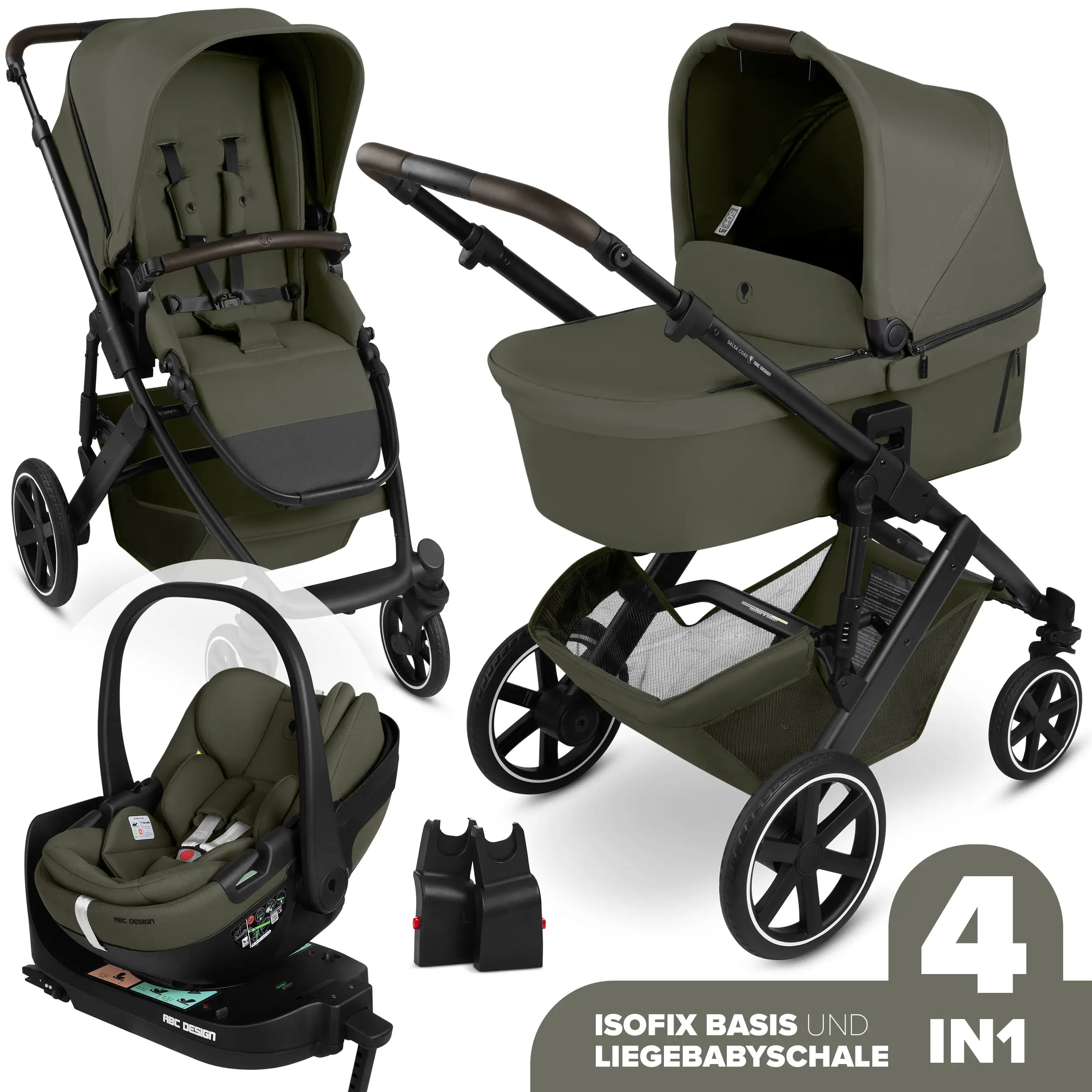 4in1 Kinderwagen-Set Salsa Core inkl. Babyschale Calla mit Liegefunktion & Isofix Base Root - Olive