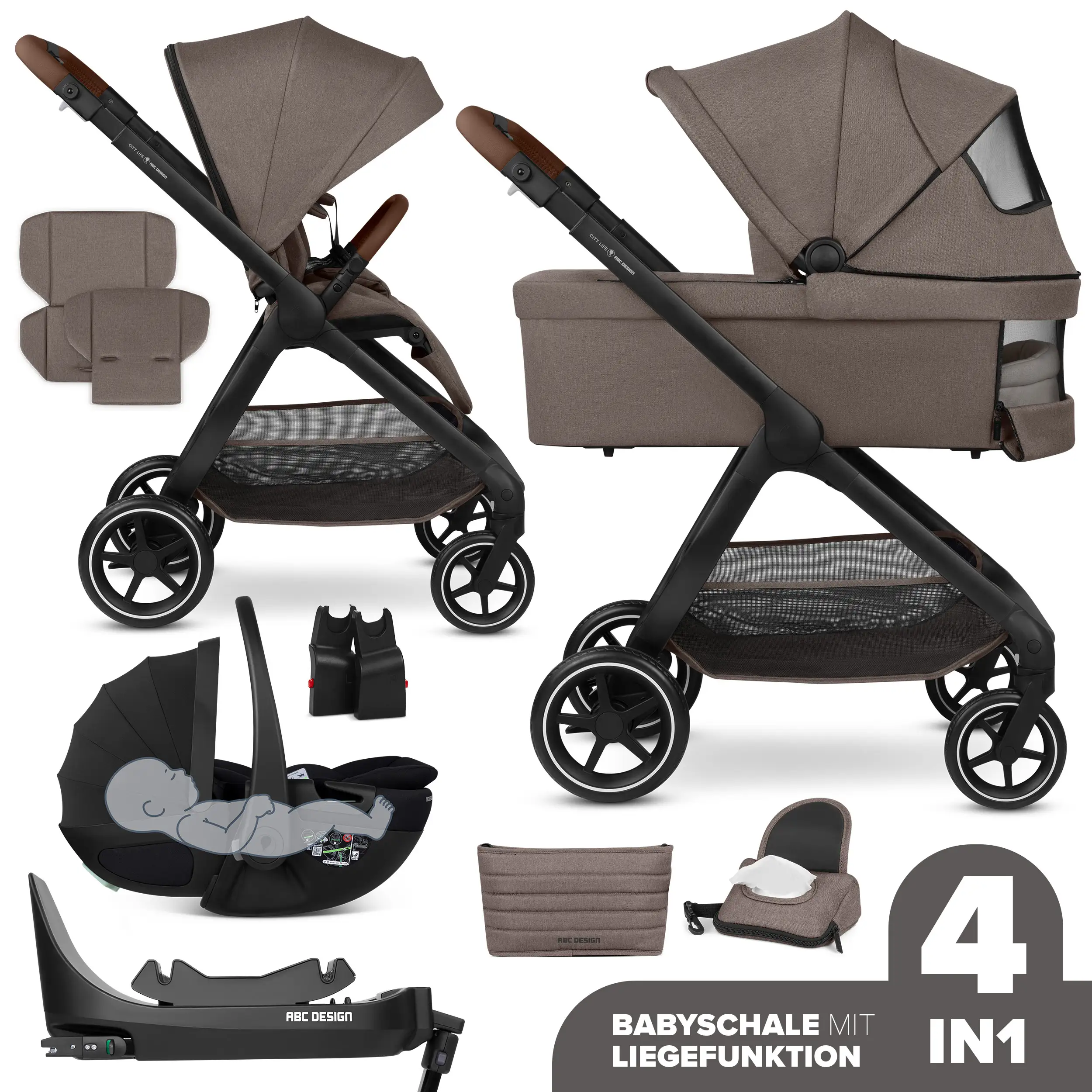 4in1-Kinderwagen-Set City Life inkl. Babyschale Calla mit Liegefunktion - Nature