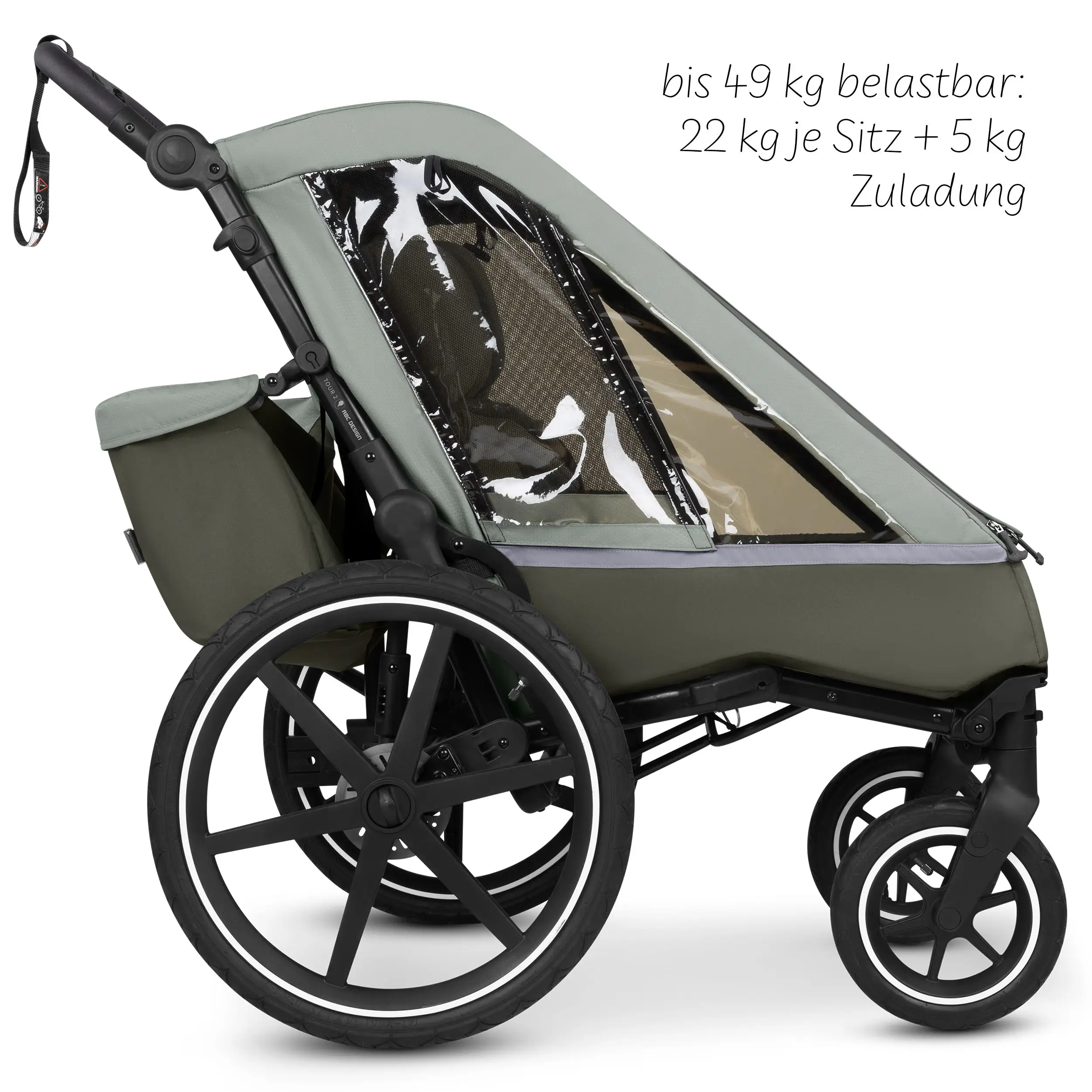 Fahrradanhänger Tour 2 mit 2 Komfortsitzen & Lufträdern - Olive