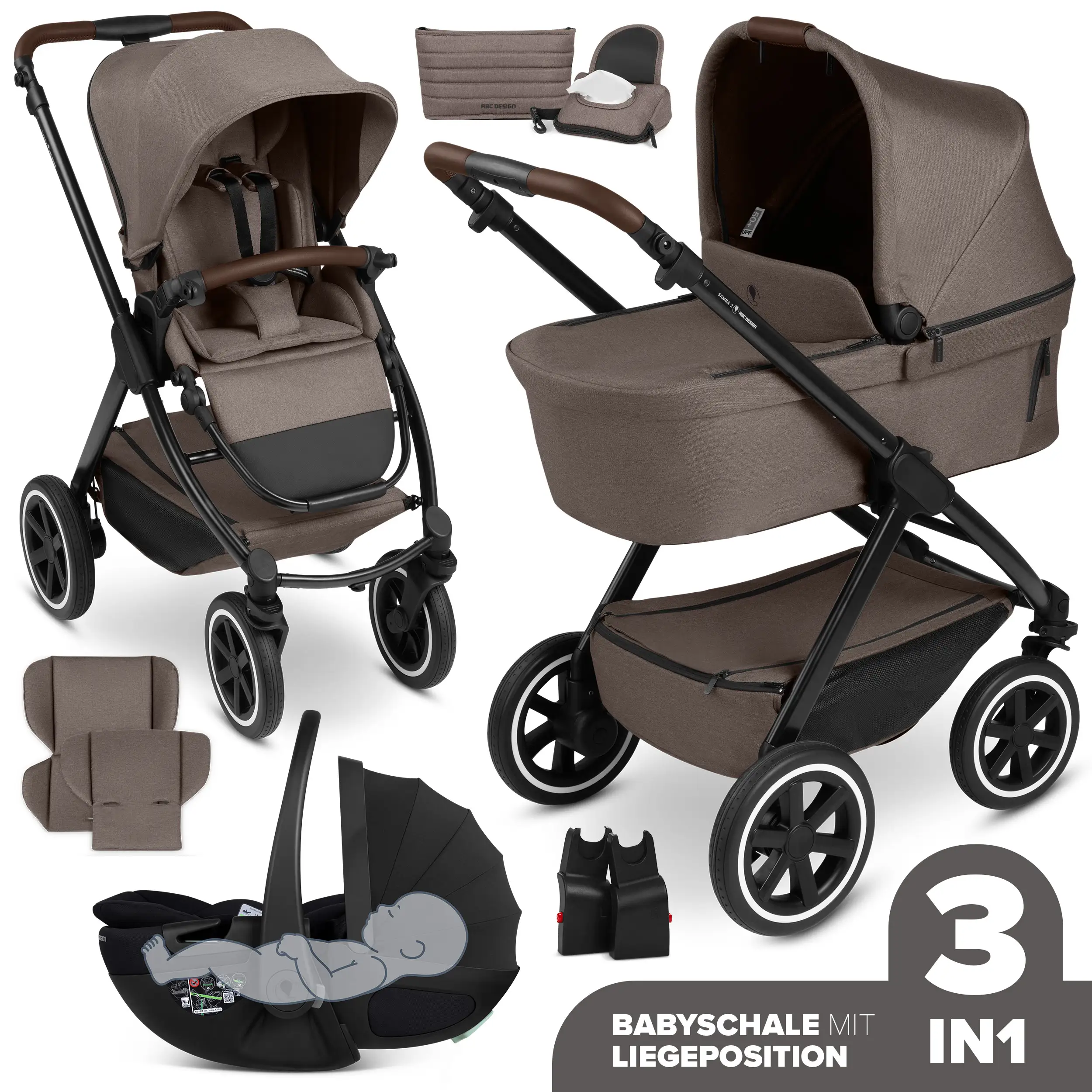3in1-Kinderwagen-Set Samba 2 inkl. Babyschale Calla mit Liegefunktion - Nature