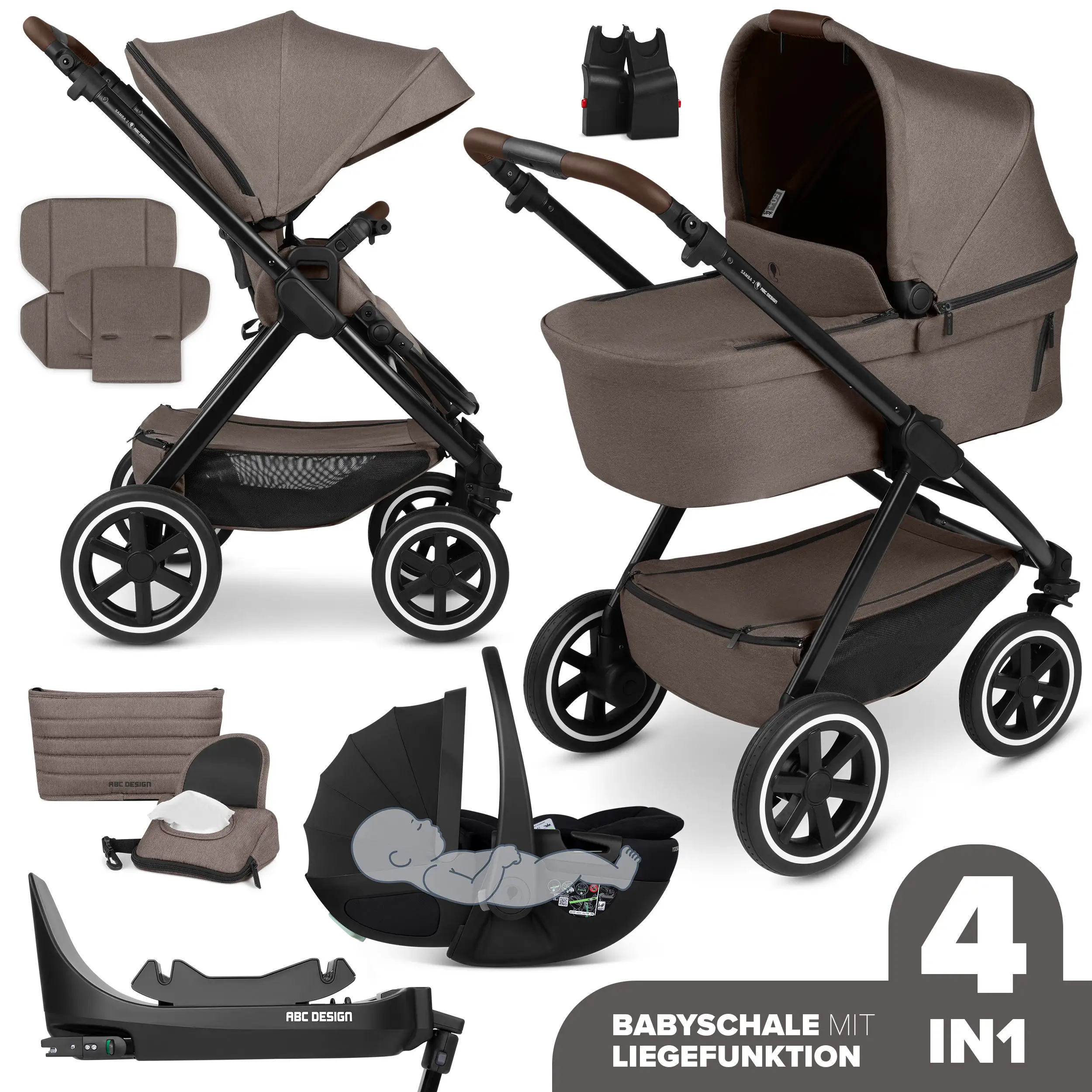 4in1-Kinderwagen-Set Samba 2 inkl. Babyschale Calla mit Liegefunktion - Nature
