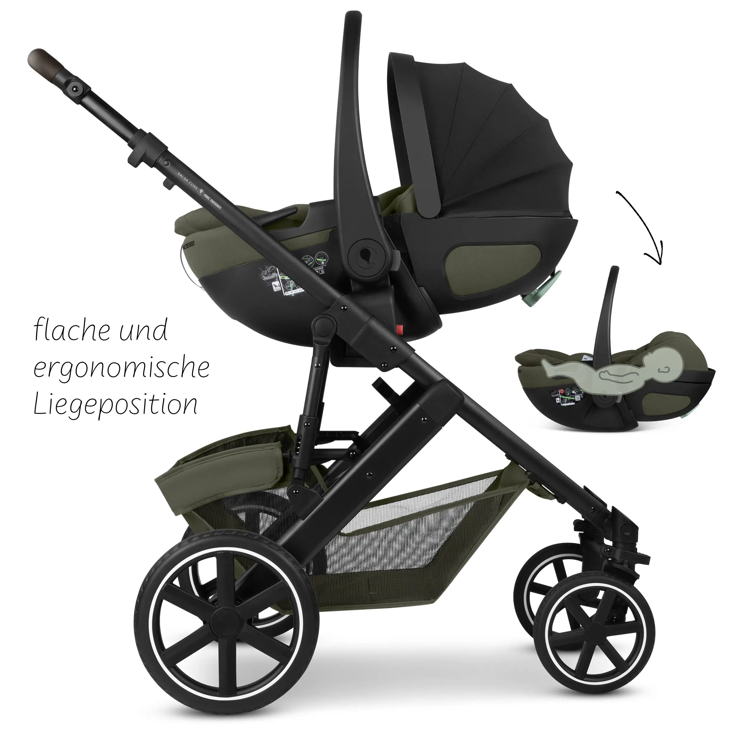 4in1 Kinderwagen-Set Salsa Core inkl. Babyschale Calla mit Liegefunktion & Isofix Base Root - Olive