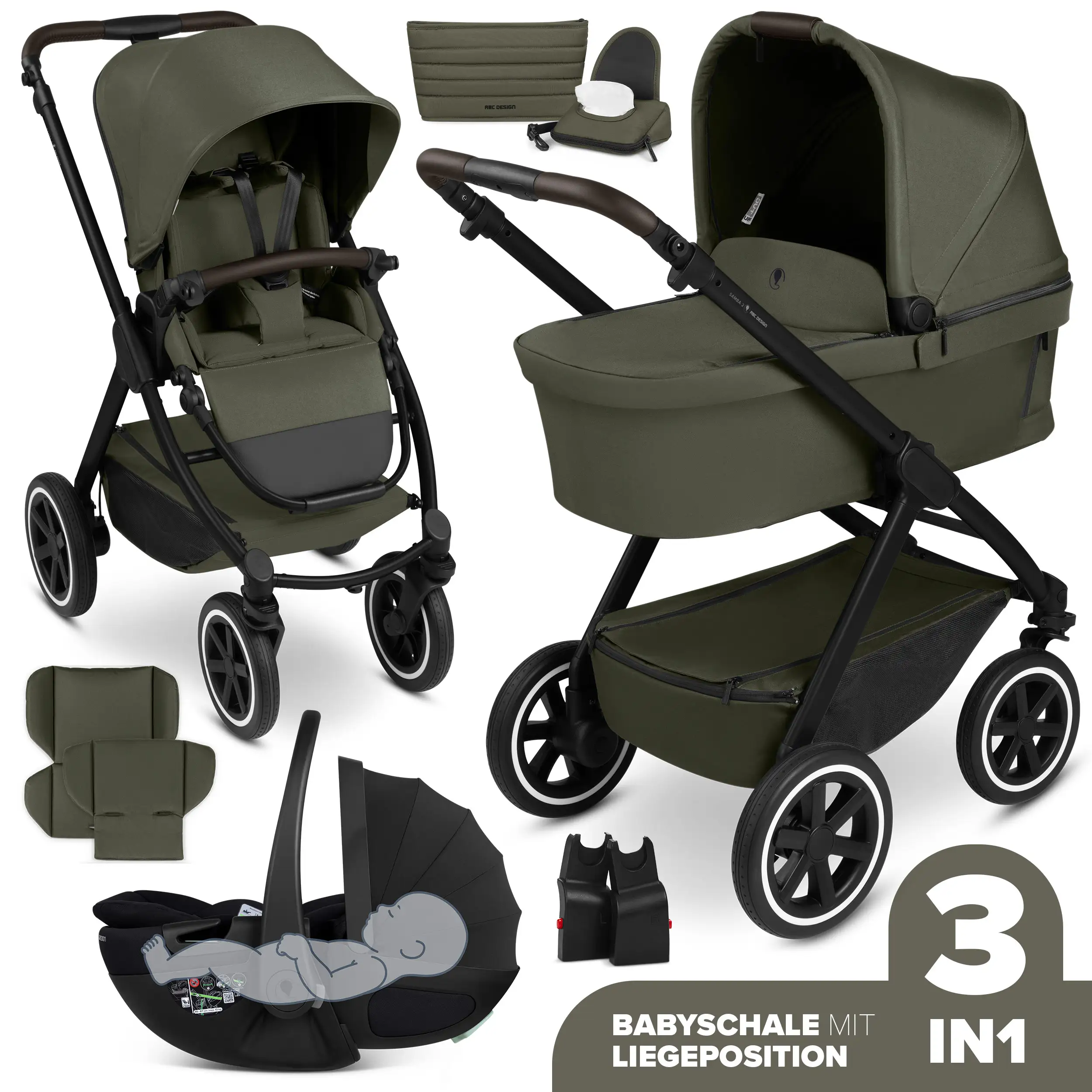 3in1-Kinderwagen-Set Samba 2 inkl. Babyschale Calla mit Liegefunktion - Avocado