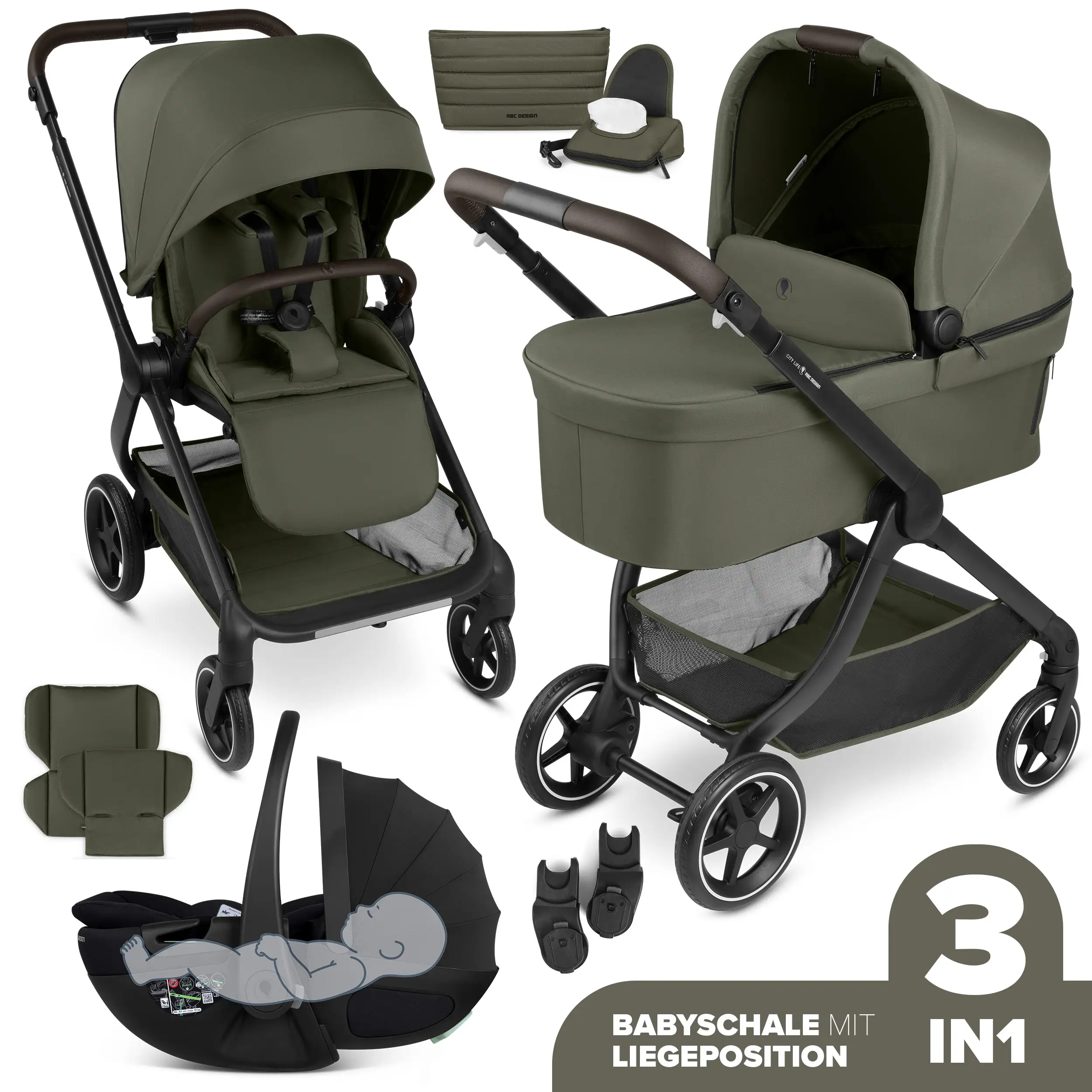 3in1-Kinderwagen-Set City Life inkl. Babyschale Calla mit Liegefunktion - Avocado