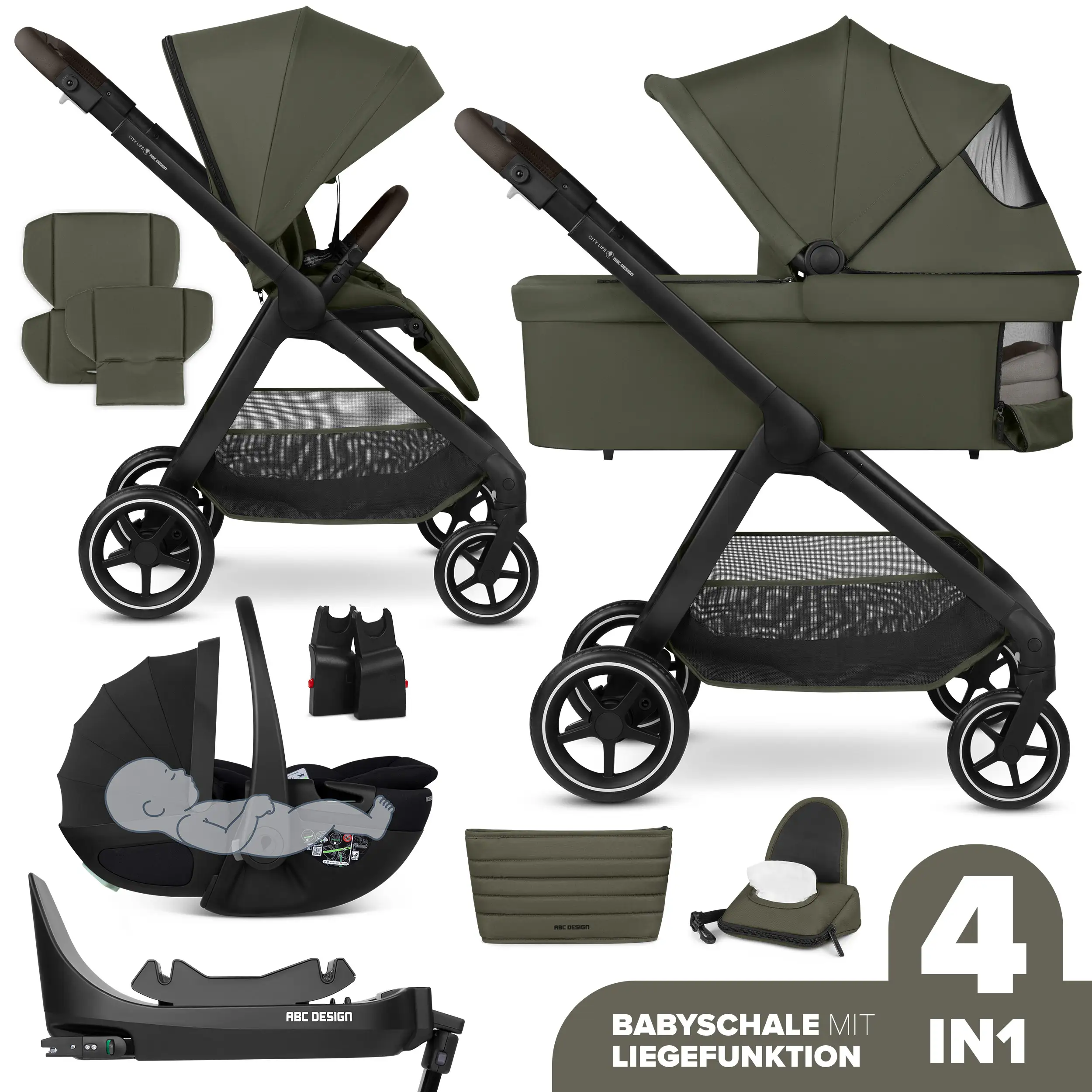 4in1-Kinderwagen-Set City Life inkl. Babyschale Calla mit Liegefunktion - Avocado