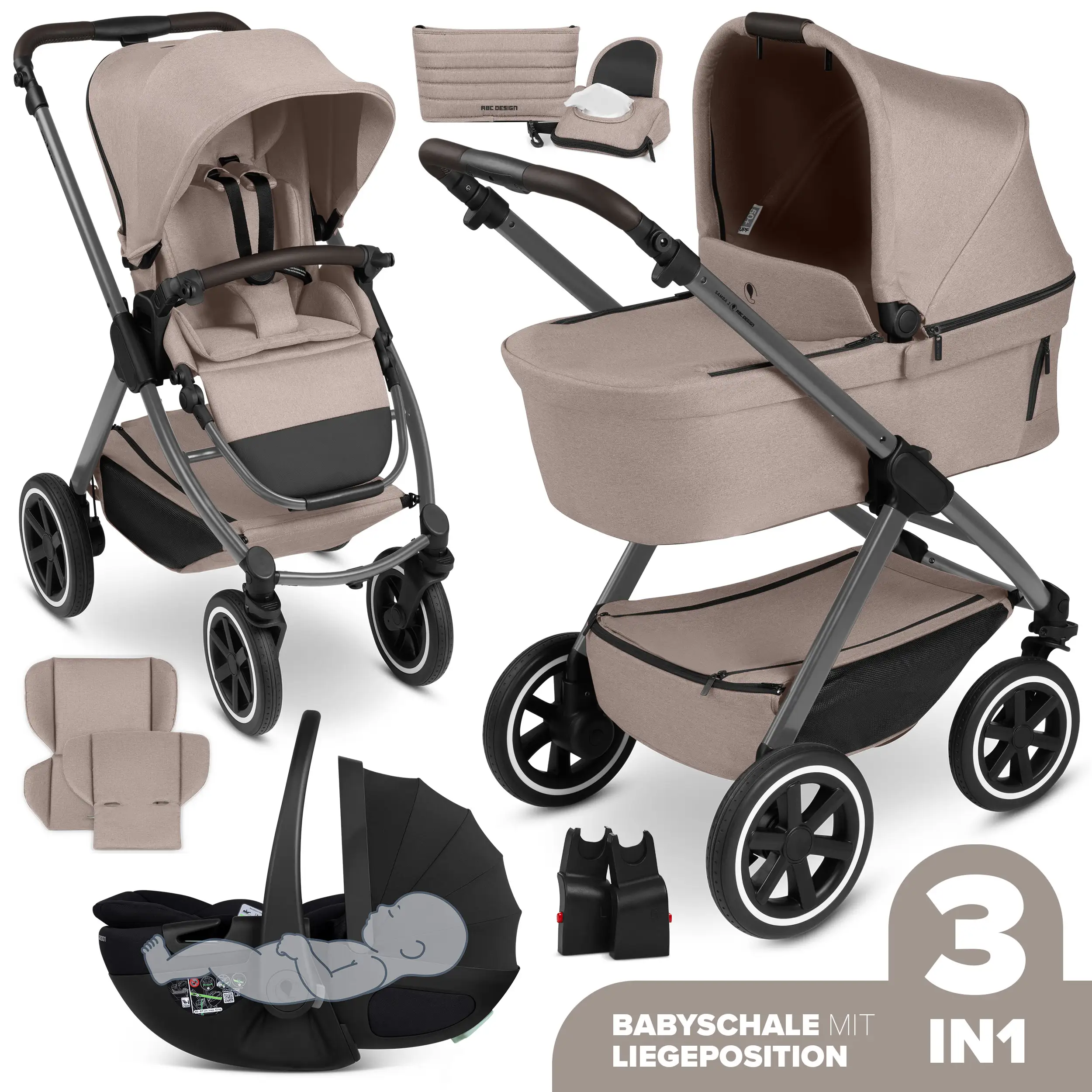 3in1-Kinderwagen-Set Samba 2 inkl. Babyschale Calla mit Liegefunktion - Camel