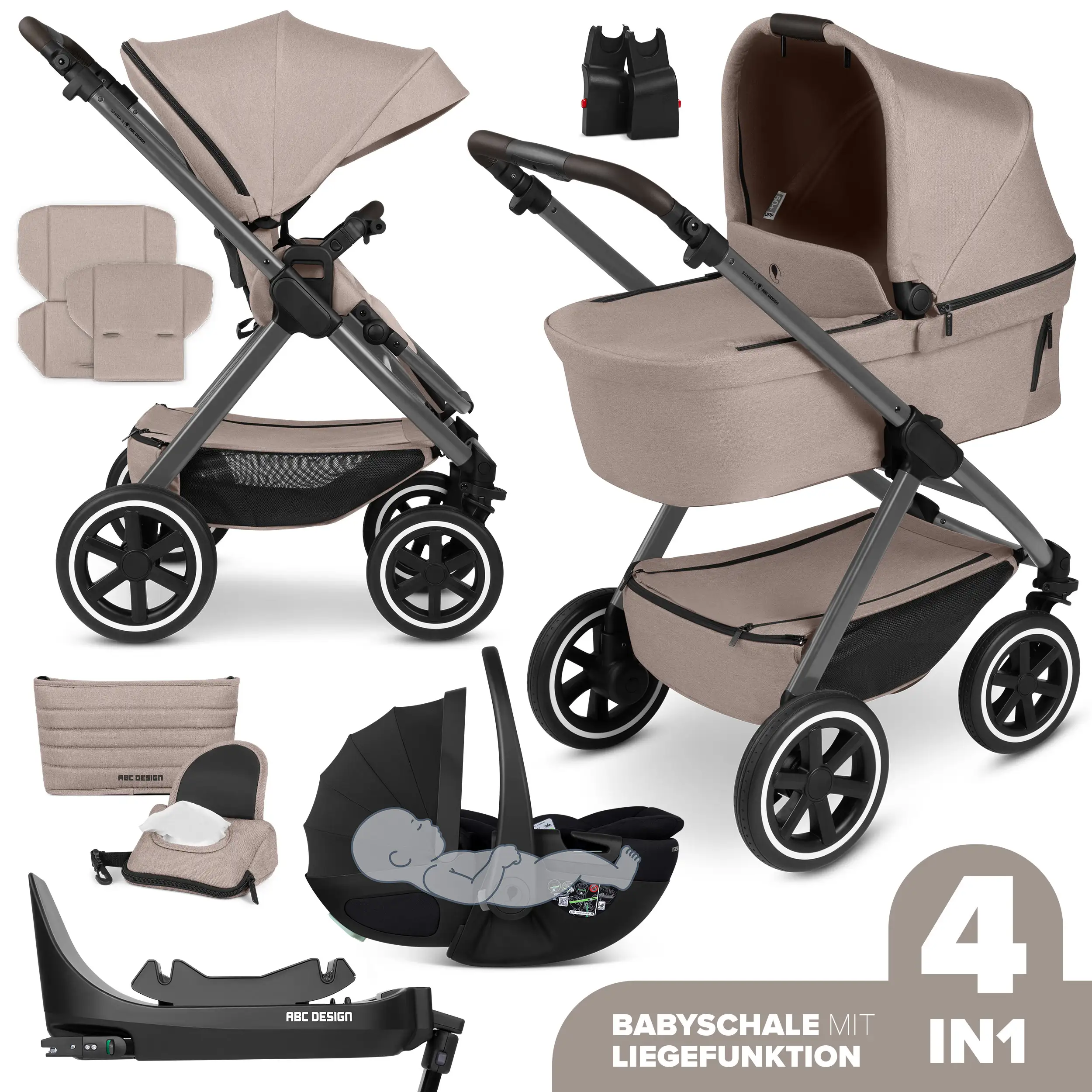 4in1-Kinderwagen-Set Samba 2 inkl. Babyschale Calla mit Liegefunktion - Camel