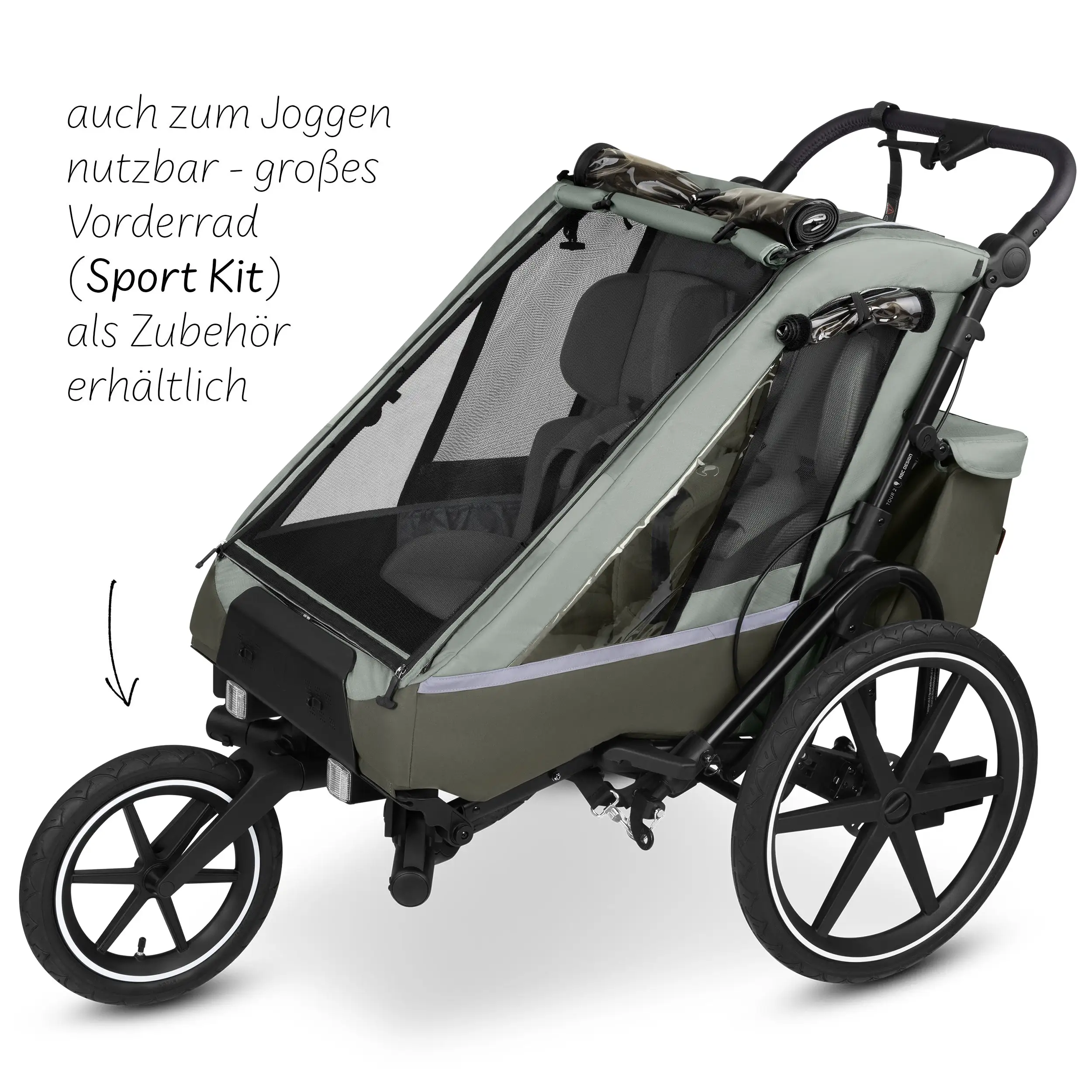 Fahrradanhänger Tour 2 mit 2 Komfortsitzen & Lufträdern - Olive